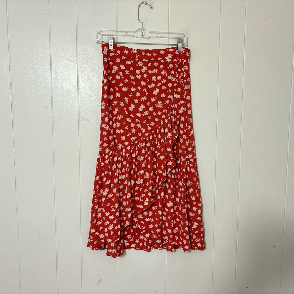 Madewell Happy Hibiscus Ruffle Wrap Midi Skirt Red Floral 2 Cottagecore Boho - Picture 3 of 12